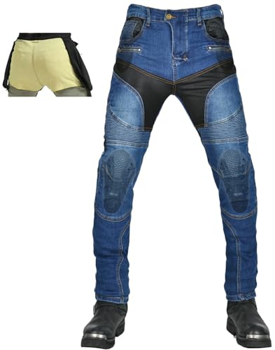 QIYUANT Motorradhose Herren Sommer Motorrad Jeans Atmungsaktiv Reiten Schutzhose Denim Reißfester Stretch Vintage Jeanshose Motorrad Bekleidung mit Verbesserter Rüstung Protektoren (Blau, XL)