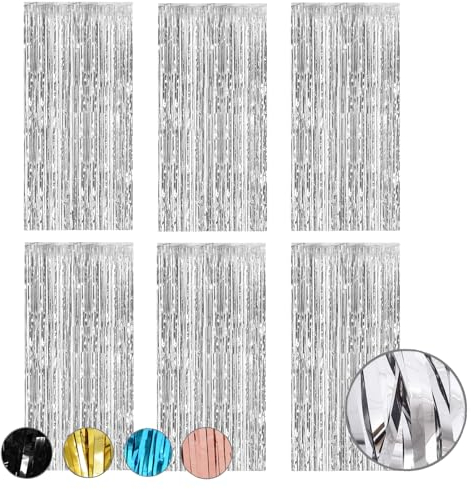 Lametta Vorhänge, 6 Stück Metallische Glitzervorhang Fringe 1m x 2m, Aluminiumfolie Quasten, Geburtstag, Hochzeit Party Dekoration, Geeignet für Weihnachtsbaum, Bühne, Halloween Dekoration (Silber)