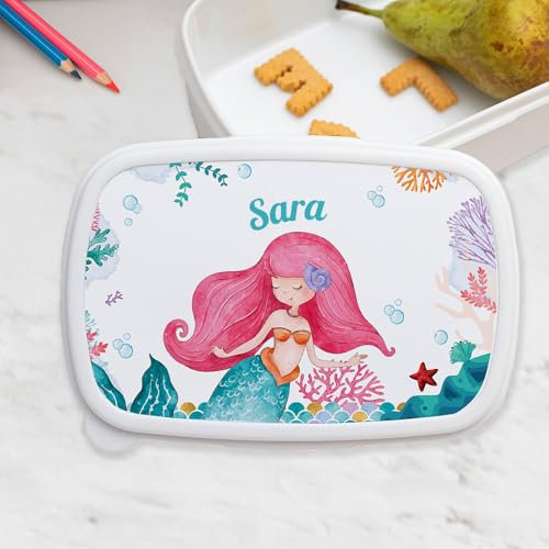 Transparent Gift Fiambrera Infantil Personalizada con Nombre Sirenita. Fiambreras para Niños y Niñas. Porta Bocadillos para Excursión, Colegio y Guardería. Caja Almuerzo y Merienda Vuelta al Cole