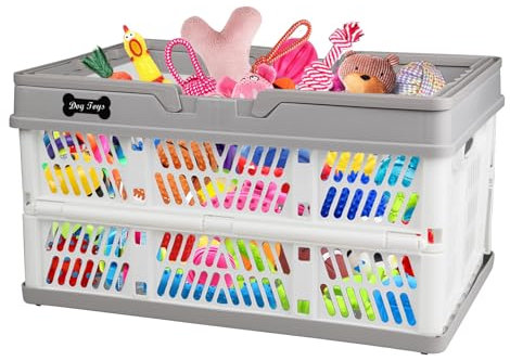Ctomche Collapsible Dog Toy Box,Plastic Dog Toy Storage Basket Folding Crate,Dog Storage Bin,Stackable Dog Toy Storage Organiser,Dog Basket Pet Cat and Puppy Toy Box,Ideal for Home,Trip,Caming,Picnic