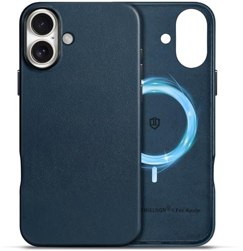 SHIELDON Case for iPhone 16 Plus 6.7, Genuine Leather Magnetic Wireless Charging Case [Slim Fit][Anti-Scratch][Metal Button]Shockproof Full Protection Cover Compatible with iPhone 16 Plus - Navy Blue