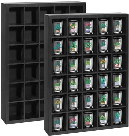 Shot Glass Display Case 2Pack, 30 Slots Shot Glass Holder Wall Mounted, Solid Wood Shadow Box with Removable Shelves, Shot Glass Storage Case, Shot Glasses Shelf, Black