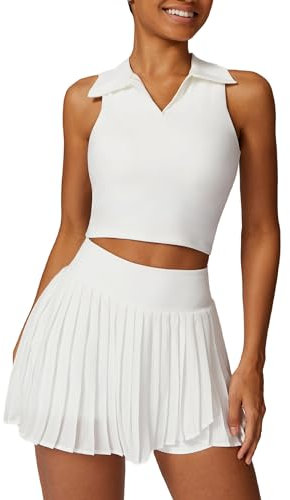 IDOPIP Tenniskleid Damen Golfkleid mit Hose drunter und Tasche Tank Top Tennisrock Plisseerock Sportanzug Trainingskleid Polokleid Für Baseball Tischtennis Joga Fitness Jogging Fahrrad Farhren weiß M