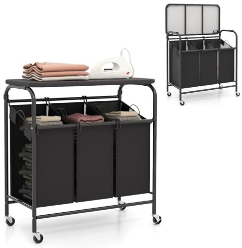 COSTWAY Meuble Panier a Linge 3 Compartiments, Meuble Linge Sale à Roulettes 33L, Planche à Repasser 80 x 41 CM, 3 Bac a Linge Sale en Tissu Oxford, Panier a Linge avec Étagere pour Buanderie