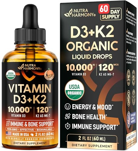 Vitamin D3 K2 USDA Organic Drops - Vitamin D3 10000 IU & K2 as MK-7 120mcg - Immune & Mood Support, Bone & Teeth Health - Sugar-Free Orange Flavor - Liquid Supplement - Made in USA - 2 FL OZ, 60 Days