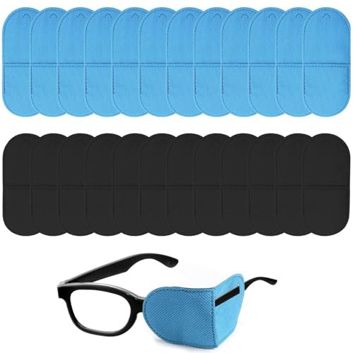 HoAhaMay 24 Pièces Cache Oeil pour Lunettes, Réutilisable Cache Oeil de Medical, pour Couvrir les Yeux et Améliorer la Vision, pour Enfants et Adultes Souffrant d'Amblyopie et de Strabisme (Bleu/Noir)