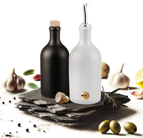 Veluxis Öl & Essig Flaschen-Set, 2x 500ml Feinsteinzeug Flaschen mit tropffreiem Ausgießer inkl. 2x Ersatzdeckel, Made in Germany, 100% UV-Schutz, lebensmittelechte Materialien (Schwarz/Weiß)