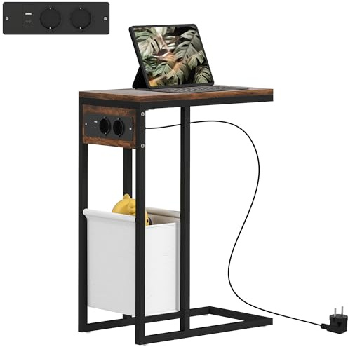 HOMCOM Beistelltisch Couchtisch in C-Form mit Tragetasche, Industrie Nachttisch mit USB-Anschlüssen, Steckdosen für Wohnzimmer, Schlafzimmer, Rustikal-Braun