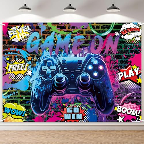 BeyiTop Game On Party Backdrop - 7x5ft Video Game Birthday Background Banner for Boys Kids Teens, Neon Gamer Controller Theme Party Supplies, Level Up Gaming Decorations Wall Photo Booth Prop