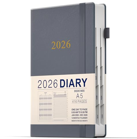 DeDe Bee Akademischer Terminplaner 2026, Tagesansicht, A5 Planer & Monatsplan, insgesamt 416 Seiten, Innentasche, Gummizugverschluss, Hardcover (Grau)