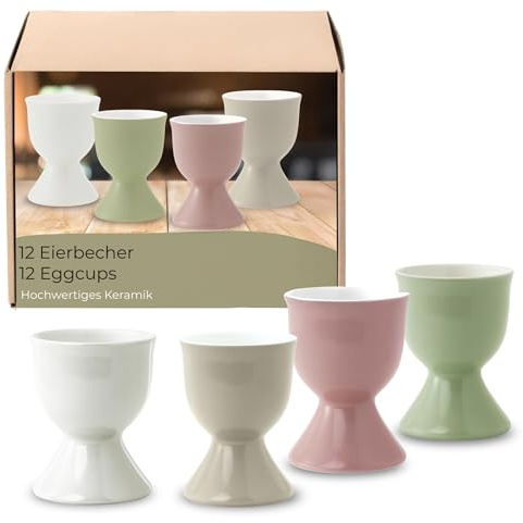Eierbecher 12er Set in 4 hellen Farben aus Keramik - Spülmaschinenfeste Eierhalter für Frühstückstisch