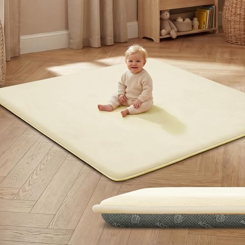 ACOMOPACK Baby Spielmatte aus 3cm dickem Memory-Schaumstoff, 127 x 127 cm, Kinder Laufstallmatte für Bauchlage, rutschfeste samtweiche Krabbelmatte (Beige, 127 x 127 cm)