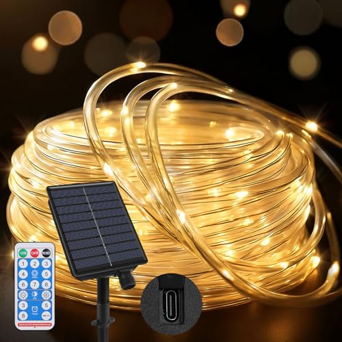 Outdoor Rope Lights 65.6ft/20m 200 LEDs, Dual Solar & Type-C Charging | 8 Lighting Modes with Remote Timer, Waterproof String Lights for Garden Yard Party Christmas Decoration- Warm White