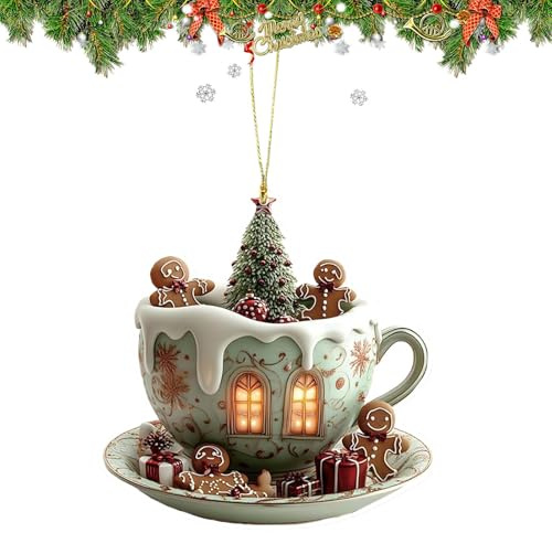 Christmas Tree Decoration | Christmas House Ornaments,2D Coffee Cup Shape Snow House Pendant for Men Women Youth Bedside Bookshelf Workplace Car Interior Tote