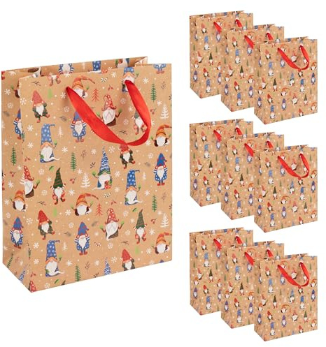 Idena 90405 - Geschenktaschen Wichtel, 10 Stück, Papiertüten in der Größe 23 x 18 x 8 cm, Geschenktüten für Weihnachten