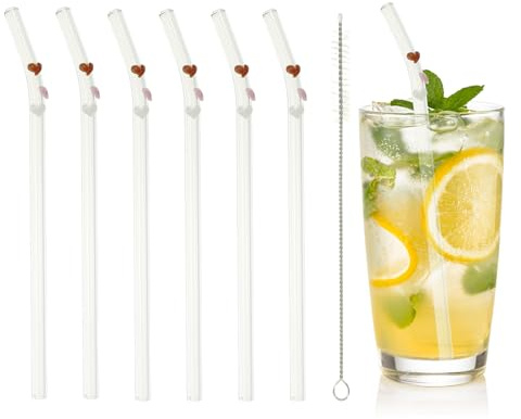 sourcing map 6 Pcs Reusable Glass Straws, 7.87 Heart Glass Straw Shatter Resistant Clear Cute Straws for Whiskey Coffee Juice Soda Drinks Tea, Red/Pink/White