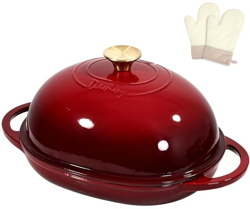 Davivy 5,5L ovaler Gusseisen-Brotbacktopf, 22x28cm Dutch Oven mit gewölbtem Deckel, ideal für Sauerteigbrot und Backen (Rubinrot, mit Ofenhandschuhen)