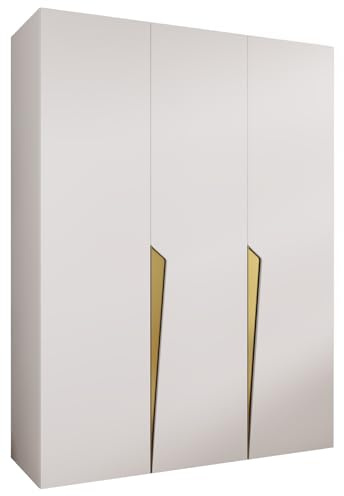 MEBLE KRYSPOL - Kleiderschrank - Garderobenschrank - 150 cm x 202 x 52 cm - Schrank mit Kleiderstange, 3 Türen - für Schlafzimmer, Flur - Piano, Weiß, Griff Gold