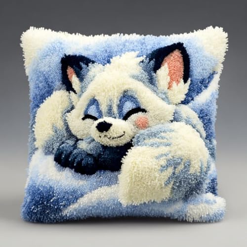 WallustrioaW Fuchs Diy Knüpfkissen Stickkissen Knüpfset Mit Bedruckter Leinwand Knüpfpackung Zum Selber Knüpfen Teppich 43Cmx43Cm Knüpfkissen Set Für Anfänger Erwachsene