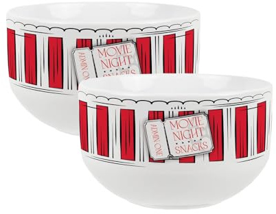 Purely Home Ceramic Popcorn Bowls 2pcs - 650ml Decorative Dinnerware Set of 2 Bowls for Popcorn/Snacks, Striped Movie Snacks Pattern