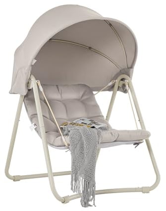 Sobuy Hängesessel Outdoor Hängestuhl mit Verstellbare Sonnenschutz Sonnenliege für Garten Balkon und Outdoor Hängematte Beige 108x163x126 cm OGS62-MI