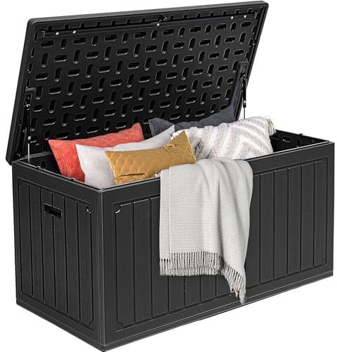 DWVO 340L Resin Outdoor Storage Box, Double-Wall Waterproof Deck Box with Wood Texture, Lockable Garden Storage that Doubles as Table or Bench (450 lbs Capacity)–Black