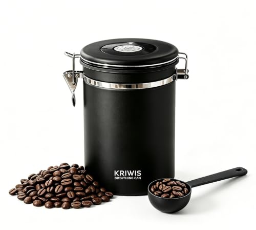 Kriwis 1,8 L boite a cafe hermetique, cadran de date + valve unidirectionnelle CO₂. Vacuum airtight lid, livré avec cuillère doseuse. Scellé storage container pour grains de café, thé, noix et épices