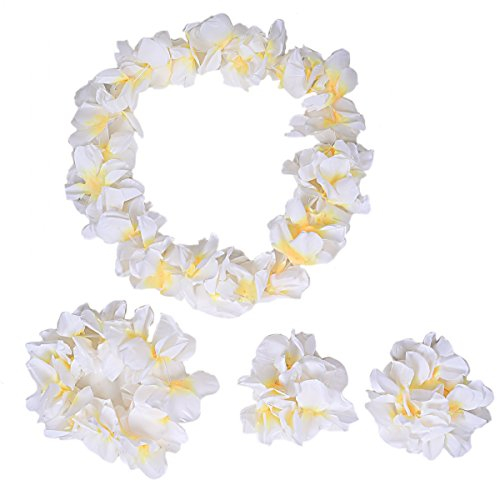 CISMARK Hawaiianische Luau Blume Leis Jumbo Halskette Armbänder Stirnband Set - Weiß - Einheitsgröße