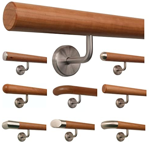 TIBU Kirschbaum Holz Handlauf Geländer 0,3m - 5m, Länge 120 cm, Ende gefast und 2 gewinkelte Halter
