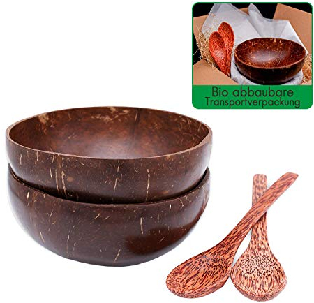 SuperiorParts 2er Set Coconut Bowl and Spoon, Natur Kokosnuss Schale mit Löffel, Holz Buddha Bowl Set, Natürlich & Handgefertig, für Müsli Salat Frühstück Snack