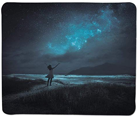 Night Sky, Woman Opening Hände für den Wunsch beten Zeremonie in Vollmond Crescent Image Dekorative, Türkis und Schwarz, genähte Kante