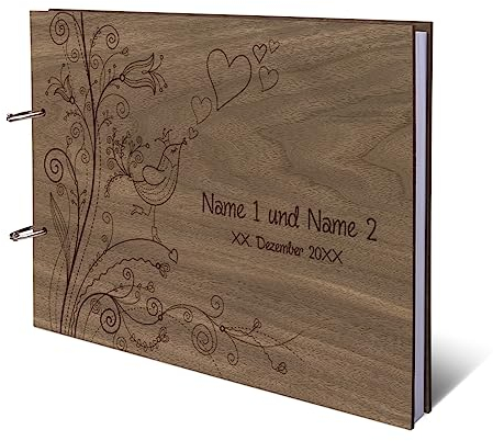 Hochzeit Gästebuch Nussbaum Holz Gravur individuell Holzcover mit 72 Blatt | 144 Naturpapier Innenseiten DIN A4 quer 302 x 215 mm - Liebesbaum