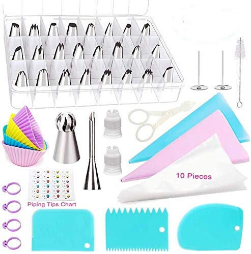 57 Piece Cake Decorating Supplies Kits - 26 Stainless Steel Icing Tips Set Silicone Pastry Bags Icing Smoother Piping Nozzles Coupler Flower Nails Lifter for Cakes Cupcakes Cookies Baking Tools (57P)