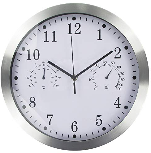 Reloj de pared de cuarzo de metal, 12 pulgadas, moderno, silencioso, sin tictac, con termómetro, mide la temperatura y la humedad para cocina, sala de estar, dormitorio, oficina (plateado)