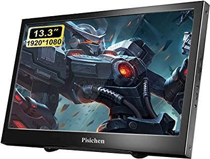 Pisichen 13,3 Zoll Tragbarer IPS-Bildschirm FHD 1920 x 1080 Monitor, HDMI Display Mit Ultradünner Schwarzer Metallschale, Eingebautem Lautsprecher, Kompatibel Mit Laptop, PC