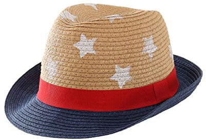 Magracy Chapeau de paille d'été pour enfants garçons Chapeau de protection solaire pour bébé Chapeau de plage Fedora, Bande rouge., 4-6 ans