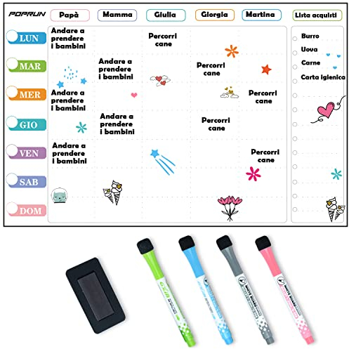 POPRUN Lavagna magnetica frigo Pianificazione la Settimana Famiglia Pasti e Agenda, Calendario Magnetico Frigorifero Lavagna calamitata morbida 43×28cm -in italiano