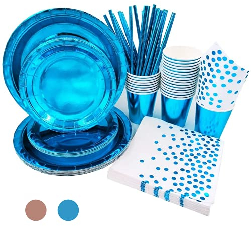 Magnolia 125 PCS Set Blue Party Tableware Set Pack - Disposable Paper Plates, Cups, Napkins, Straws with Gold Dot - Party Dinnerware for Birthday 24 Guests (Blue)