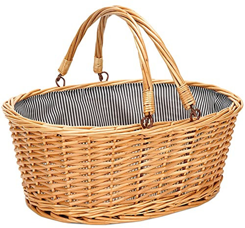 Picknickkorb aus Weidengeflecht mit doppelten, klappbaren Griffen, leerer Korb, günstige Ostereier, Süßigkeiten-Aufbewahrung, Weinkorb für Spielzeug, Blumen, Hochzeitsgeschenke (grau gestreift L)