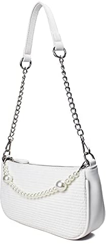 CAMILIFE Weiße Clutch Schulter Handtasche Mini Handtaschen mit Perlenkette Classic Vintage Tasche Kleine Weiße Handtasche für Damen 90er Umhängetasche Hochzeit Wedding Prom Party