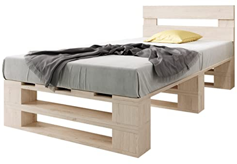 sunnypillow Palettenbett M2 aus Holz 90 x 200 cm mit Kopfteil und Lattenrost Stabiles Holzbett Seniorenbett Kinderbett erhöhtes Einzelbett Bettgestell Futonbett Komforthöhe Naturholz