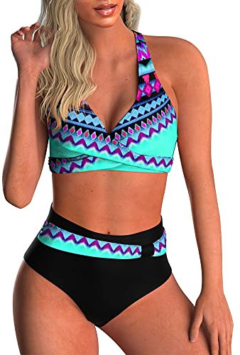 Yutdeng Swimwear Damen Bikini Set Crossover Push-up Bikinioberteil mit Schultergurt Breites Unterbrustband Bademode Bedruckter Plissee-Bikinihose Hohe Taille Badeanzüge Chic,Blau,XL