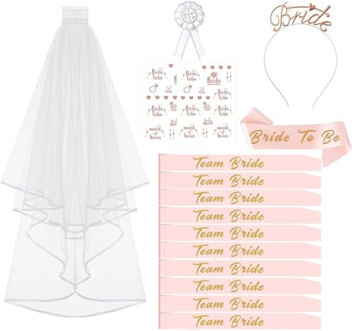 Lecone JGA Accessoires Frauen Jungesellinnenabschied Deko 16PCS Braut to Be und Team Bride Schärpe Set mit 10 Team Bride Schärpe, 1 Braut Schärpe, Schleier, Abzeichen, Tiara, Tattoos