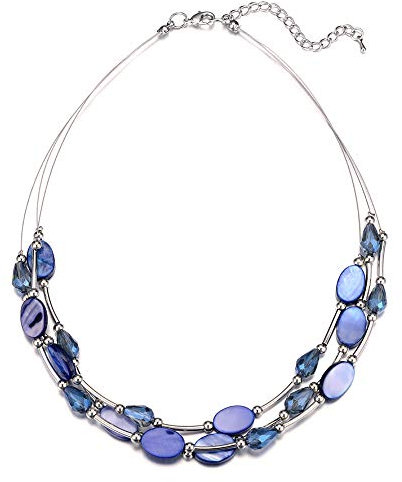 Bulinlin Damen Silber Perlenkette mit Kristall Statement Mehrreihige Boho Choker Halskette Modeschmuck Geburtstagsgeschenke für Frauen(13-Blue)