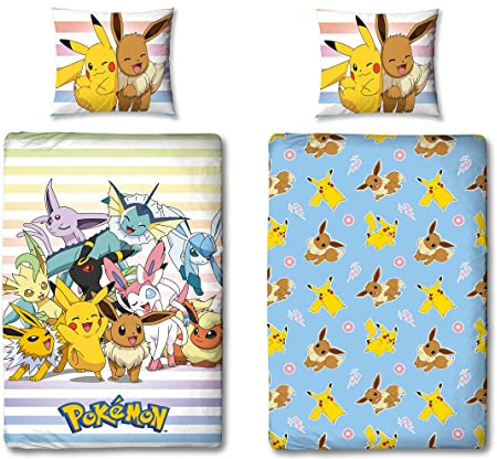 Pokemon Bettwäsche Set 2-teilig · 135x200 cm + Kissen 80x80 cm · Pokémon Pikachu hell-blau · Kinder-Bettwäsche 100% Baumwolle Linon · mit Reißverschluss