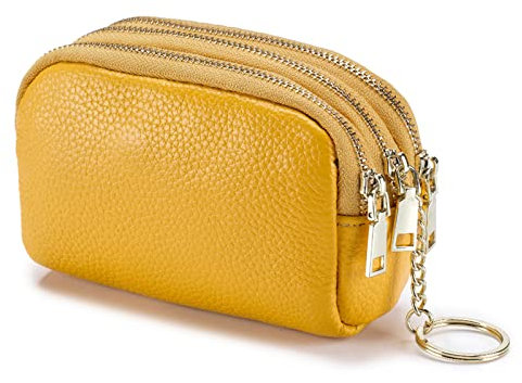 PORRASSO Véritable Cuir Porte-Monnaie Portable Etuis Porte Clés Multifonction Coin Purse pour Femme Homme Jaune