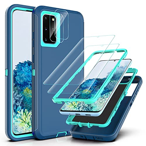 YmhxcY Hülle für Galaxy S20 Plus mit Samsung S20 Plus mit 2-teiligem Hydrogel-Film und 2-teiligem Kameraobjektiv-Schutzfilm,3-in-1 Anti-Drop-Schutzhülle für Samsung Galaxy S20 Plus-Blau/Türkis