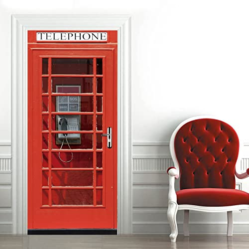 3D Türaufkleber 100x200cm Türtapete Wandbild Selbstklebend PVC Wasserdicht Abnehmbar Türfolie TürPoster Fototapete Wohnzimmer Schlafzimmer küche bad büro Dekoration Rote Telefonzelle