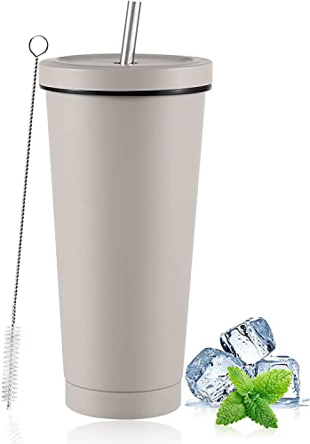 LATERN Eiskaffeebecher mit Deckel und Strohhalm, 750ml Isolierter Edelstahlbecher Doppelwandiger Vakuum Reisekaffeebecher Wiederverwendbarer Wasserbecher Hält Getränke Kalt und Heiß (Grau, 1 Stück)