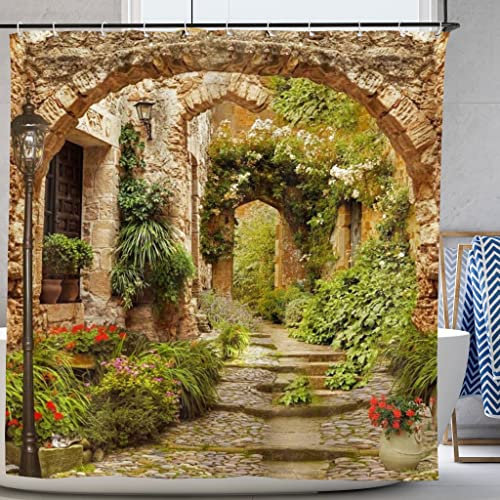 Abaysto Tenda da doccia magica da giardino, in tessuto di poliestere, impermeabile, con motivo con pietre per patio, per box doccia, tende da bagno con 12 ganci 180 x 180 cm